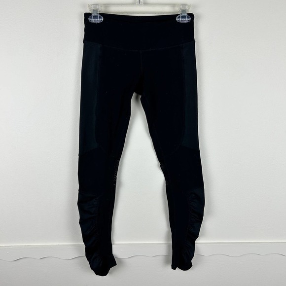 ALO Yoga Black Mid Rise Mesh Panel Ruched Ankle Cropped Leggings S - Picture 1 of 4